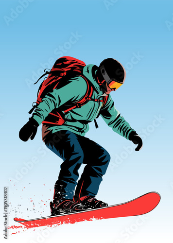 066-27-Snowboarder wearing a helmet and backpack actively riding down a snowy slope