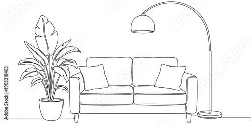 Modern living room line art illustration with sofa, cushions, potted plant, and arched floor lamp in minimalist interior design
