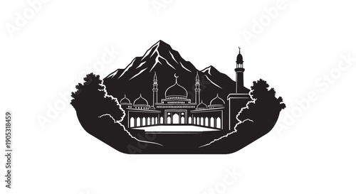 Taj Mahal silhouette landscape with mountains and trees in monochrome style