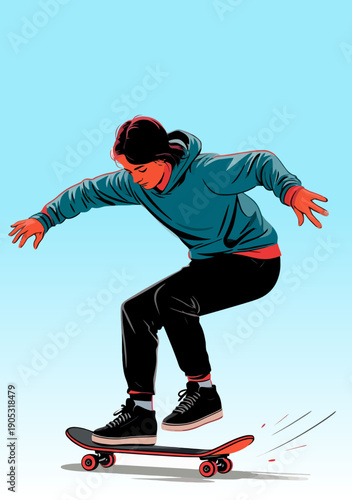 Vászonkép 066-28-Skateboarder performing an ollie wearing streetwear against a blue sky ba