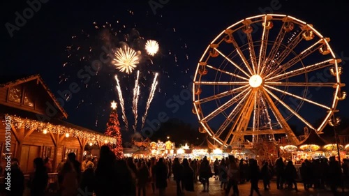 Vibrant Christmas market at night with Ferris wheel and fireworks