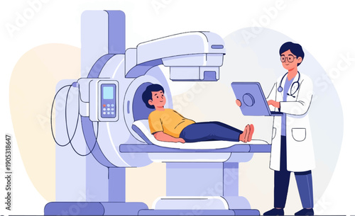 Medical scan doctor operates equipment, patient lies on examination table