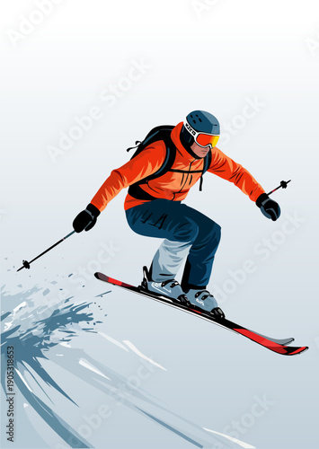 066-30-Skier performing a jump while skiing downhill, splashing snow
