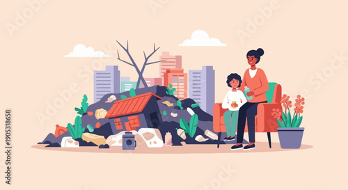 Mother and child relax on sofa amidst urban decay, overlooking a trash-filled landscape