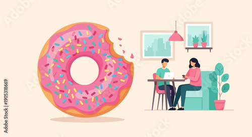 Large bitten donut next to people working at tables in a cafe