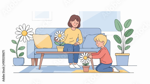 Mother and child tending to potted daisies indoors