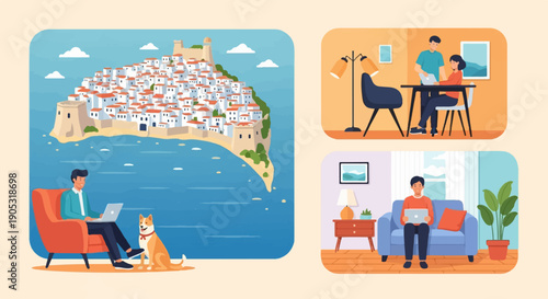 Illustration of remote work and a coastal town