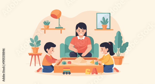 Parent supervising children playing in sandbox with toys and plants