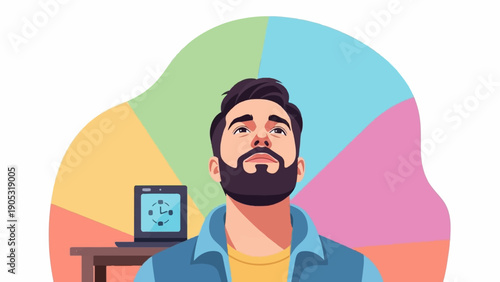 Man looking up with beard, laptop on desk, and colorful background