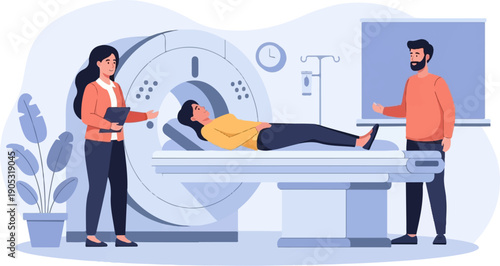 Medical scan room with patient, doctor, and attendant