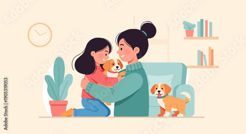 Mother and daughter happily embrace a puppy, with another dog nearby