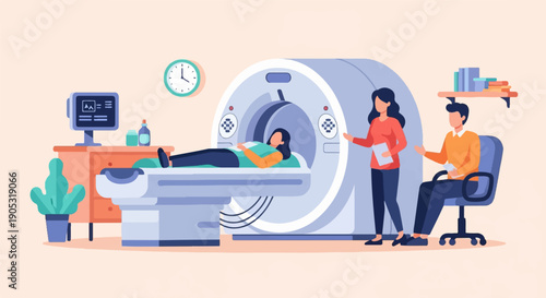 Medical scan procedure with patient, technician, and observer