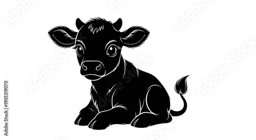 Cute Black Calf Sitting Illustration Silhouette.