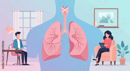 Illustrative view of lungs and people working from home