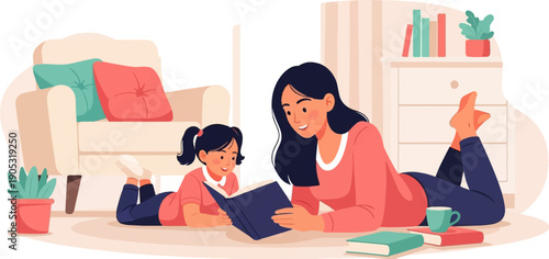 Mother and daughter reading books together on the floor