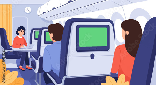 Passengers sit inside an airplane cabin with entertainment screens