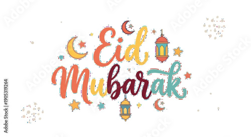 Eid Mubarak Celebration: A vibrant and colorful festive greeting, showcasing traditional lanterns, stars, and crescent moons. It embodies the joy and blessings of the celebration.