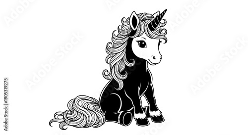 Cute Black Unicorn Sitting with Curly Mane and Tail.
