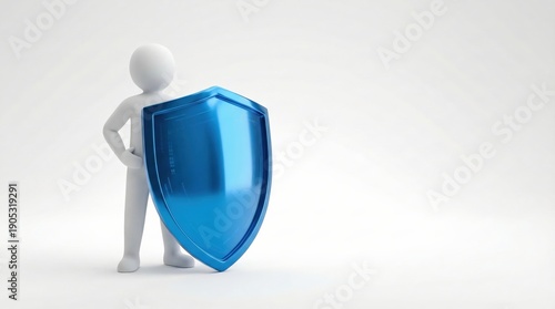 A 3D white figure stands beside a large, glossy blue shield on a clean white background, symbolizing protection and security.