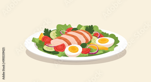 Fresh chicken and egg salad on a white plate