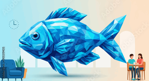 Large geometric blue fish hovers over a couple at a cafe table