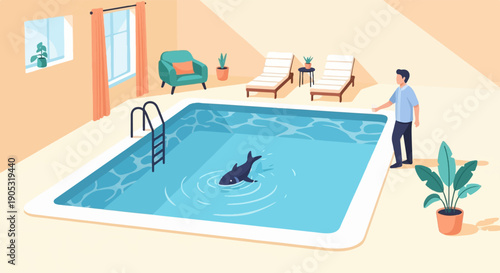 Man observes shark swimming in a residential pool with lounge chairs