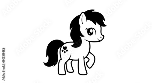 Cute Cartoon Pony Illustration Black and White.