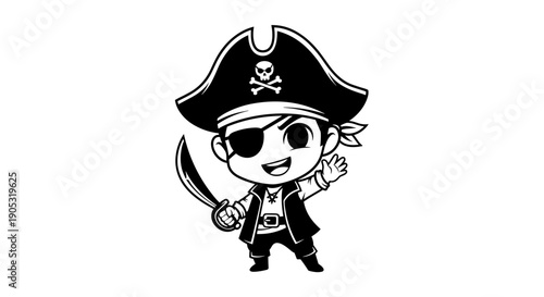 Cute Chibi Pirate Character with Sword and Eye Patch.