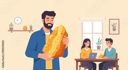 Man offers giant tortilla chip to couple working on laptop