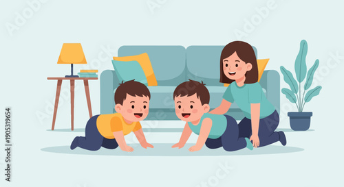 Mother watches over two babies crawling happily on the floor