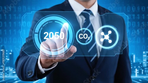 Businessman interacting with futuristic 2050 interface in modern cityscape