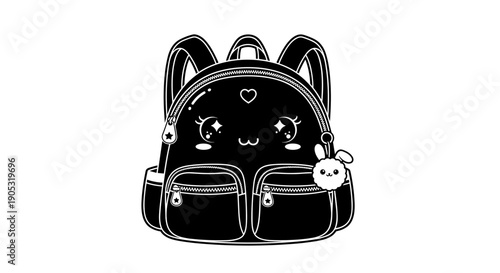 Cute Kawaii Black Backpack with Bunny Charm.