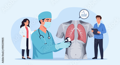 Medical team examines human lungs with a stethoscope and chart