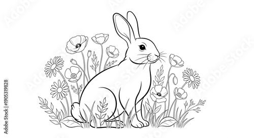 Cute Rabbit Sitting in a Field of Flowers.