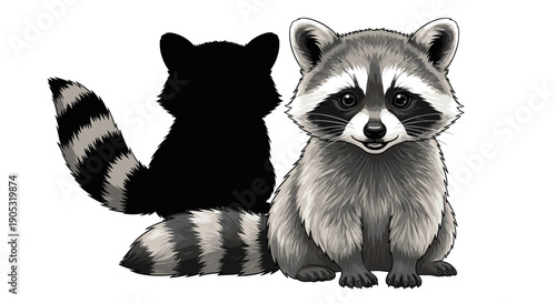 Cute Raccoon Sitting Next to Its Shadow.