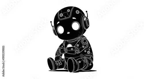 Cute Sad Robot Sitting Down Looking Down.