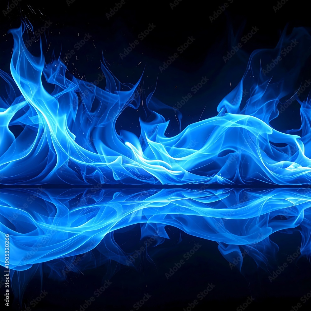 Fototapeta premium Intense blue flames dance, reflecting on a dark surface
