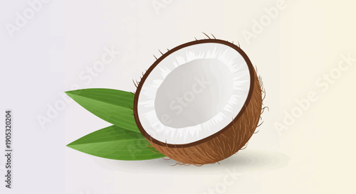 Fresh coconut half with two green leaves on a light background