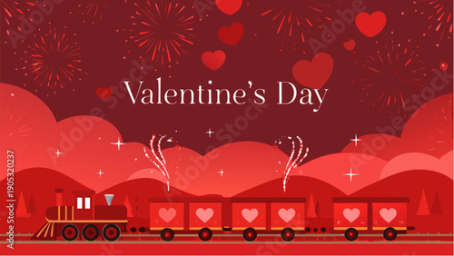 Valentine's Day train with heart shaped cars and fireworks