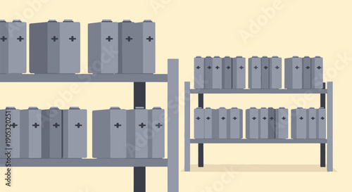 Multiple shelves hold rows of identical gray cylindrical batteries