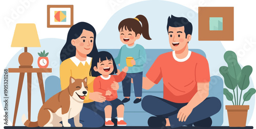 Happy family of four with dog and plant, relaxing at home