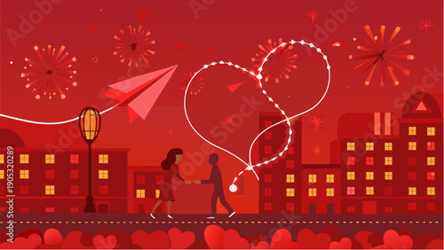 Romantic couple holding hands in city with heart shaped trail