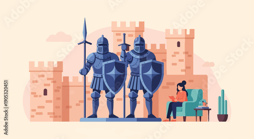 Medieval castle guards stand sentinel as a woman reads nearby