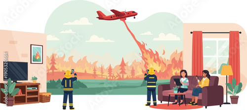 Firefighters battle wildfire from land and air while people watch from indoors