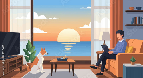 Man on couch with laptop, dog watches sunset over ocean through window