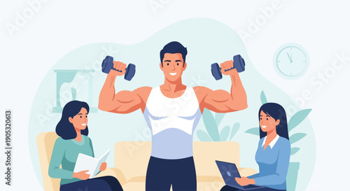 Muscular man lifting dumbbells between two women, one reading, one on laptop