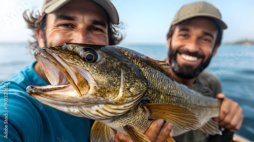 Happy man and friend fishing on boat, holding big fish catch. successful moment captured in joyful selfie smile