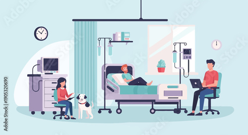 Patient rests in hospital bed while nurse and visitor work nearby