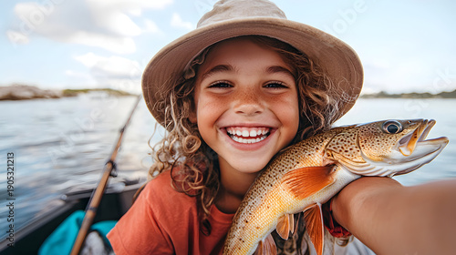 Happy child fishing outdoor takes proud selfie with fish catch from boat. Fun summer lifestyle and adventure activity