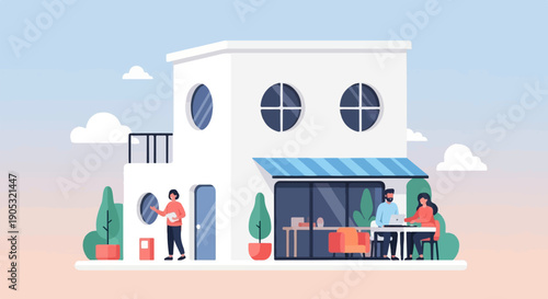 Modern building with people working and relaxing outdoors